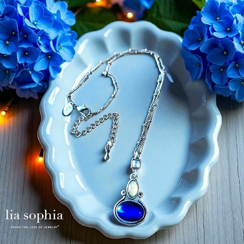 LIA SOPHIA "Costa" Brushed Silver, Stone, And Crystal Necklace ENCHANTED!